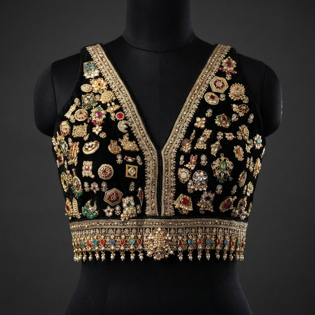 Black Embellished V-Neck Blouse