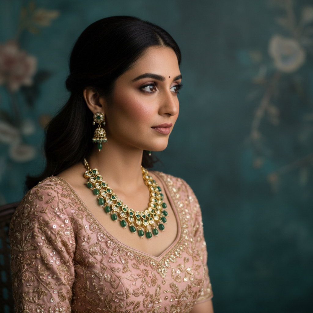 Emerald Kundan Jewellery Set By Fluorite