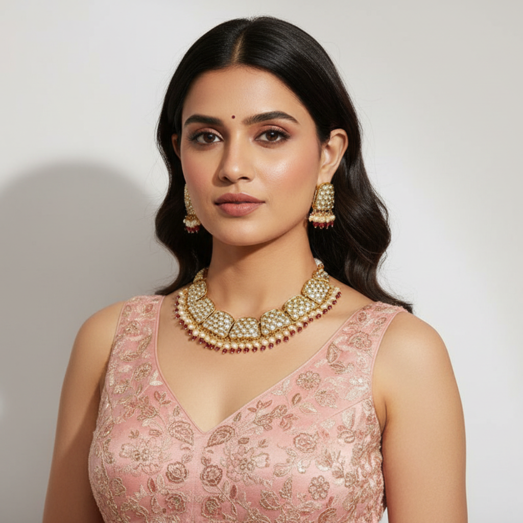 Kundan Pearl Jewellery Set By Fluorite