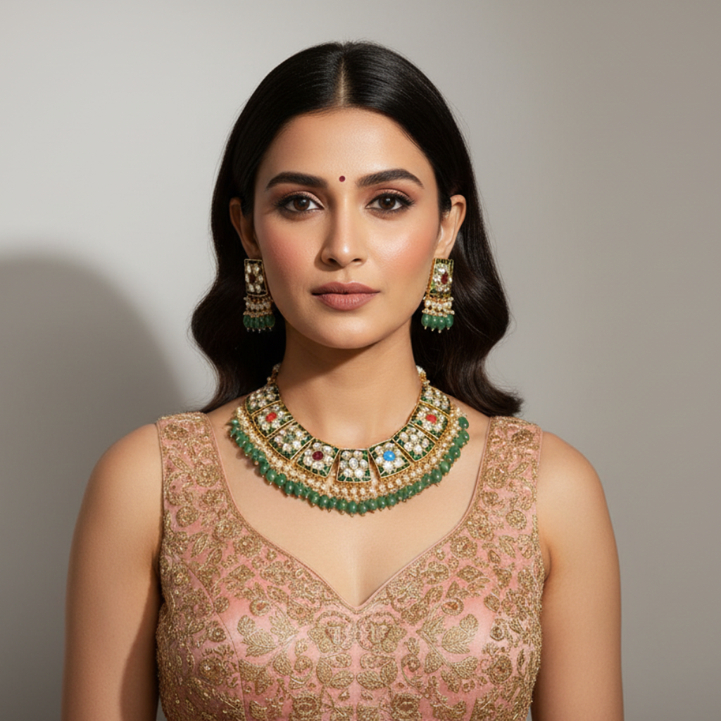 Kundan Pearl Green Jewellery Set By Fluorite