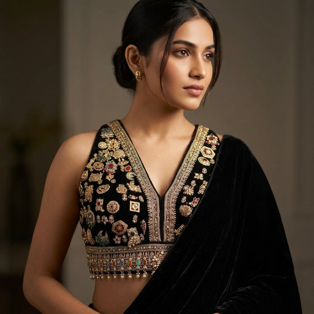 Black Embellished V-Neck Blouse