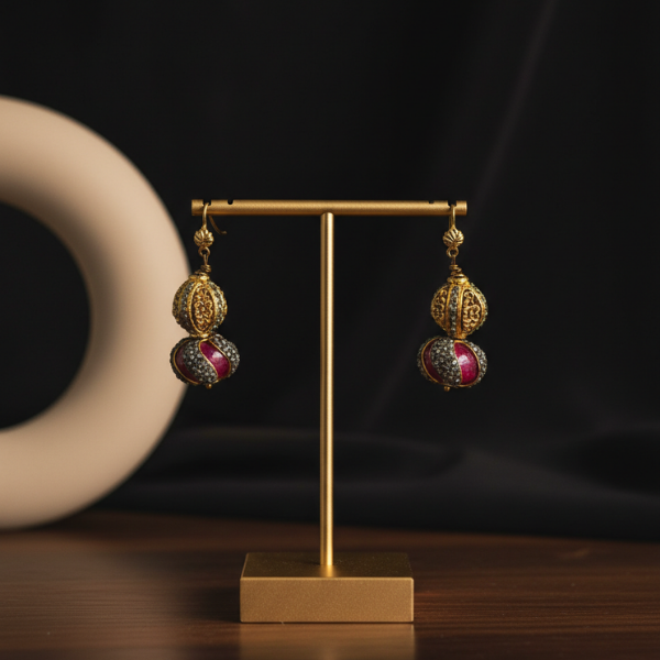Temple-Style Ornate Ruby Drop Earrings