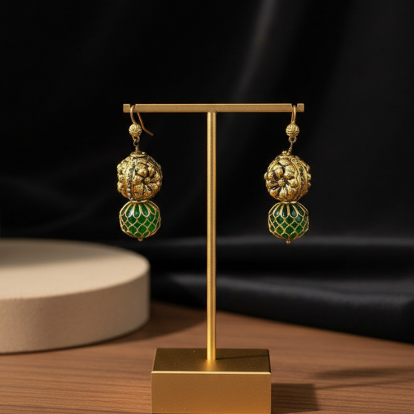 Ornate Gold Green Earrings