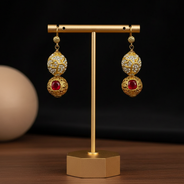 Elegant Ornate Gold Red Earrings