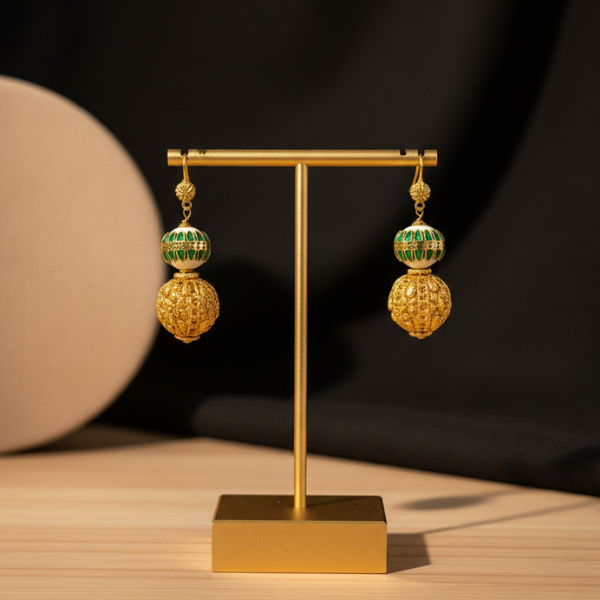 Gold Green Ornate Earrings