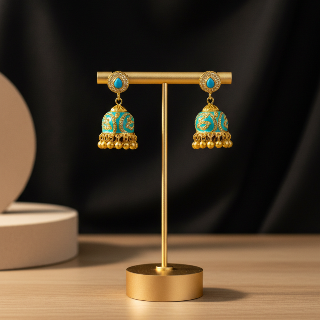 Teal Gold Jhumka Earrings