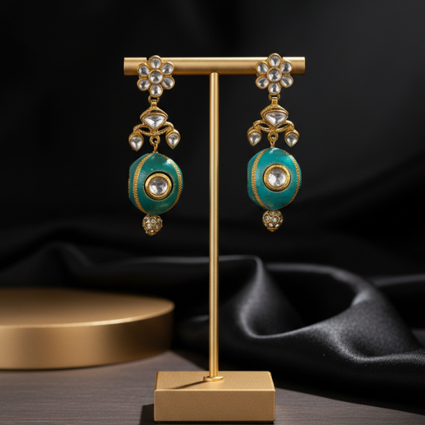 Teal Kundan Drop Earrings