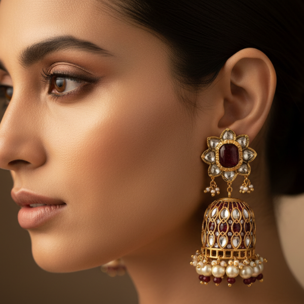 Floral Kundan Jhumka Earrings