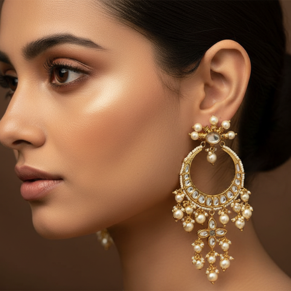 Pearl Kundan Chandbali Earrings