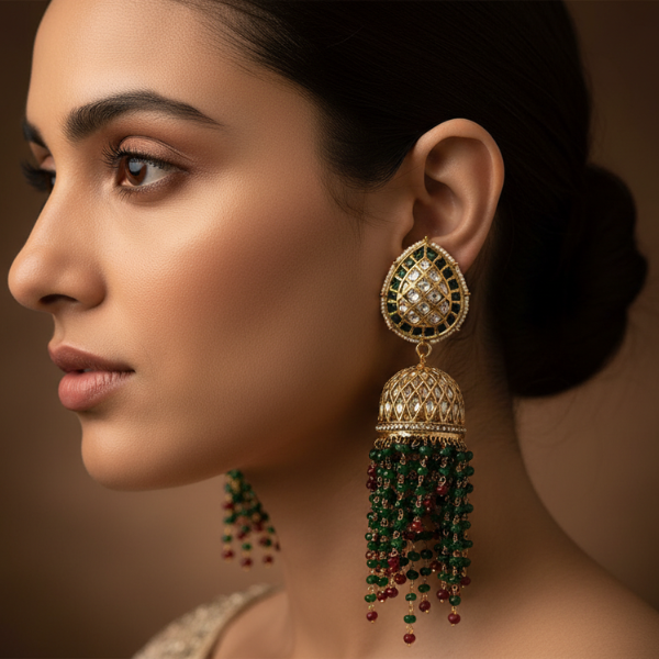 Emerald Kundan Jhumka Earrings