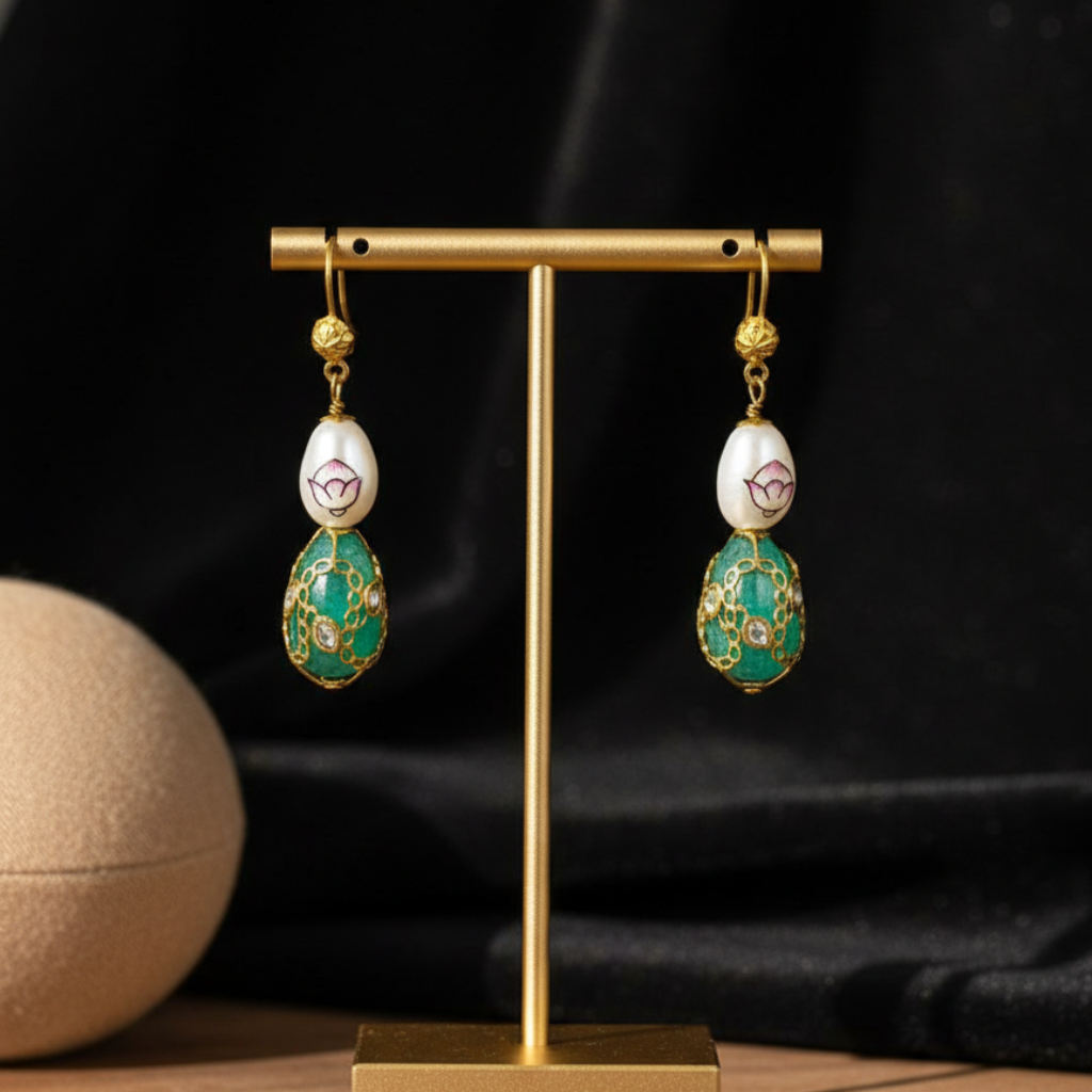 Lotus Pearl Emerald Earrings