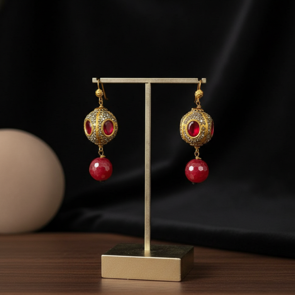 Ornate Gold Red Earrings