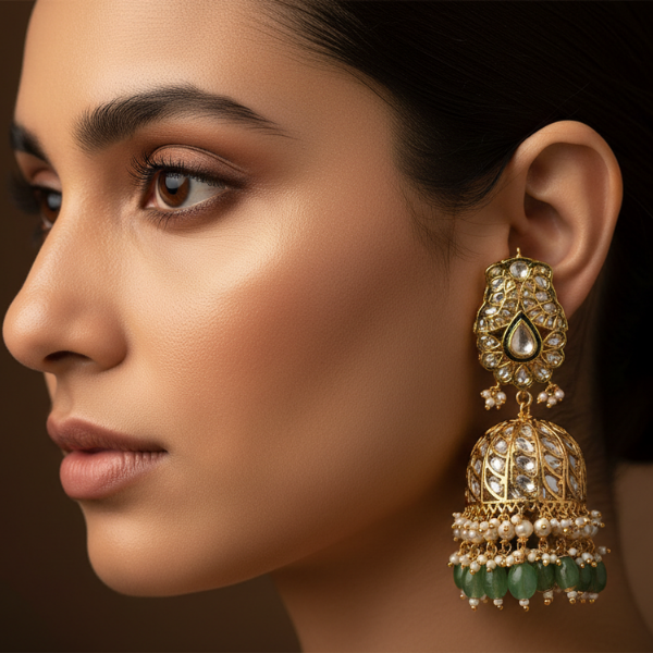 Polki Jhumka Emerald Earrings