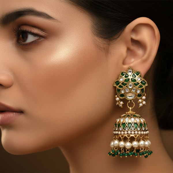 Green Polki Jhumka Earrings