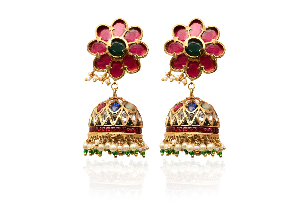 Ruby Emerald Flower Jhumka