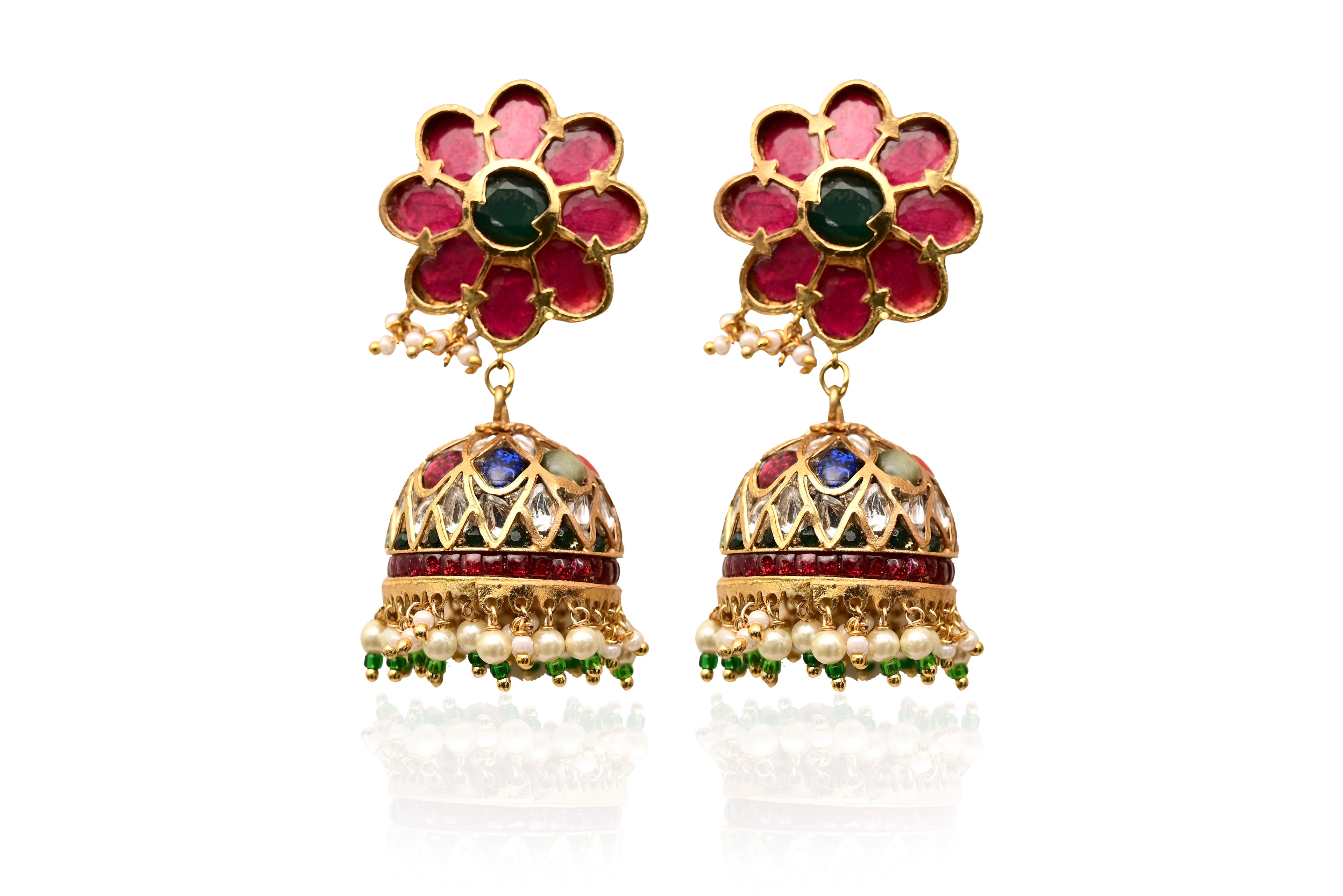 Ruby Emerald Flower Jhumka