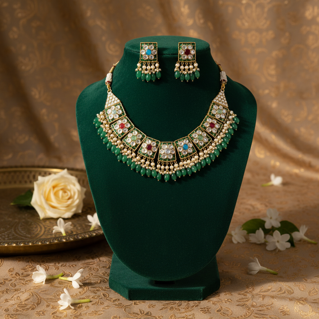 Kundan Emerald Pearl Set By Fluorite
