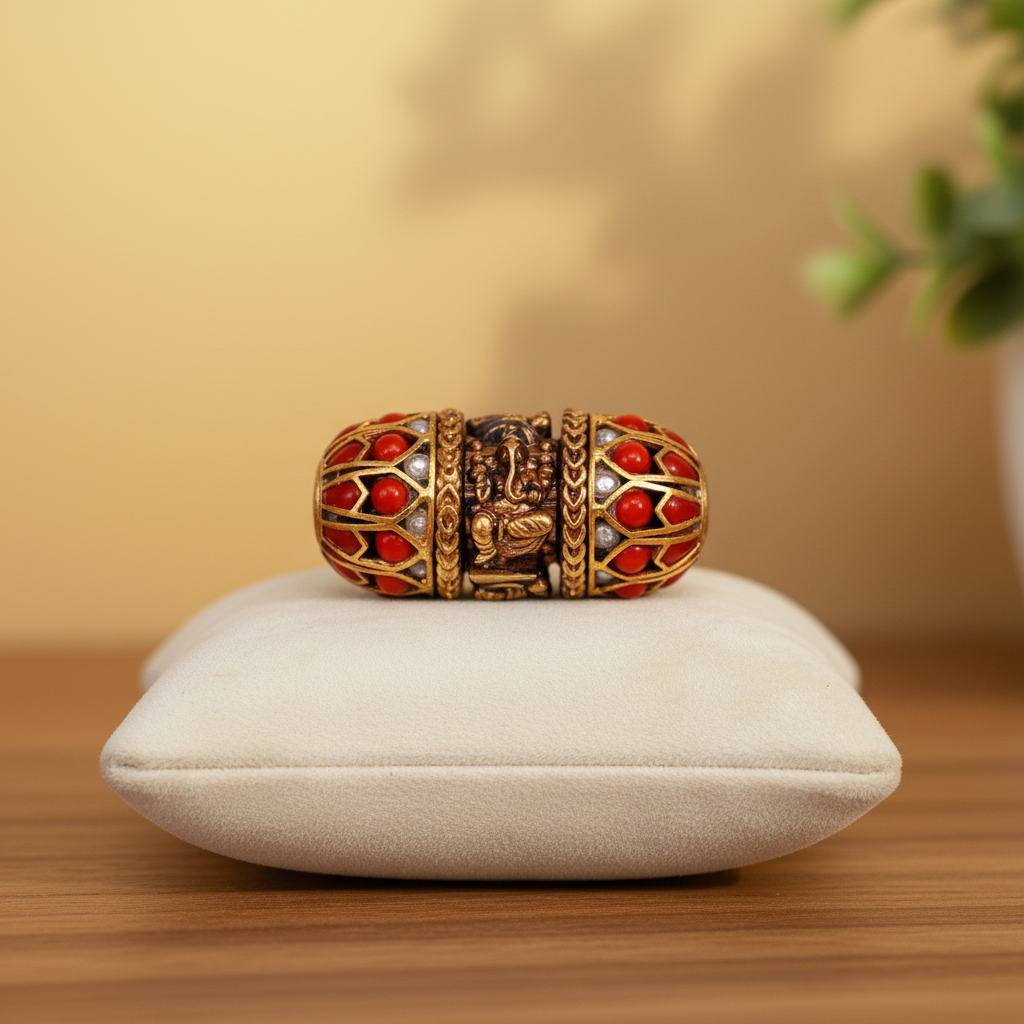 Divine Ganesha Lakshmi Gold-Plated Red Bead Charm