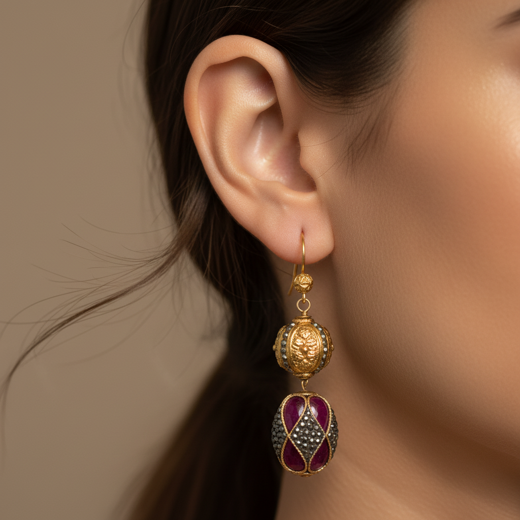 Gold Ruby Dangle Earrings