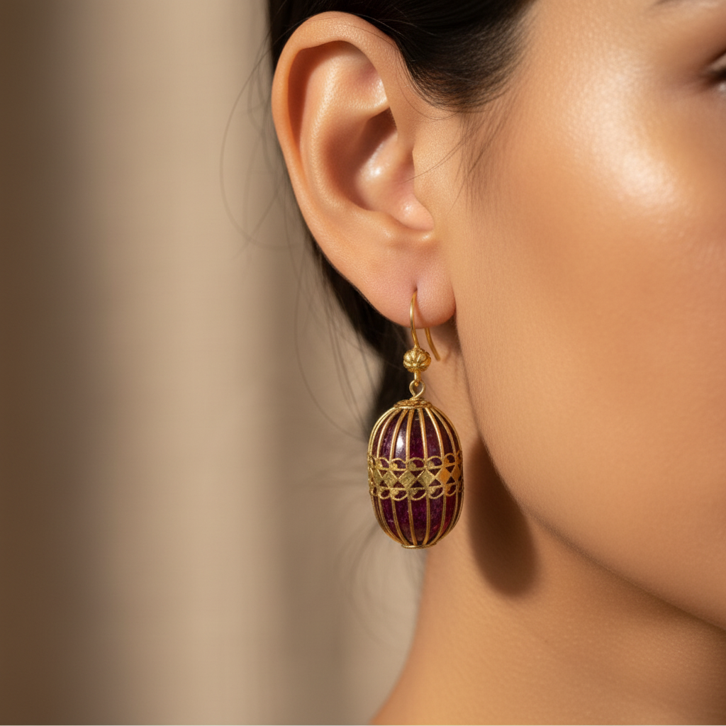 Gold Red Dangle Earrings