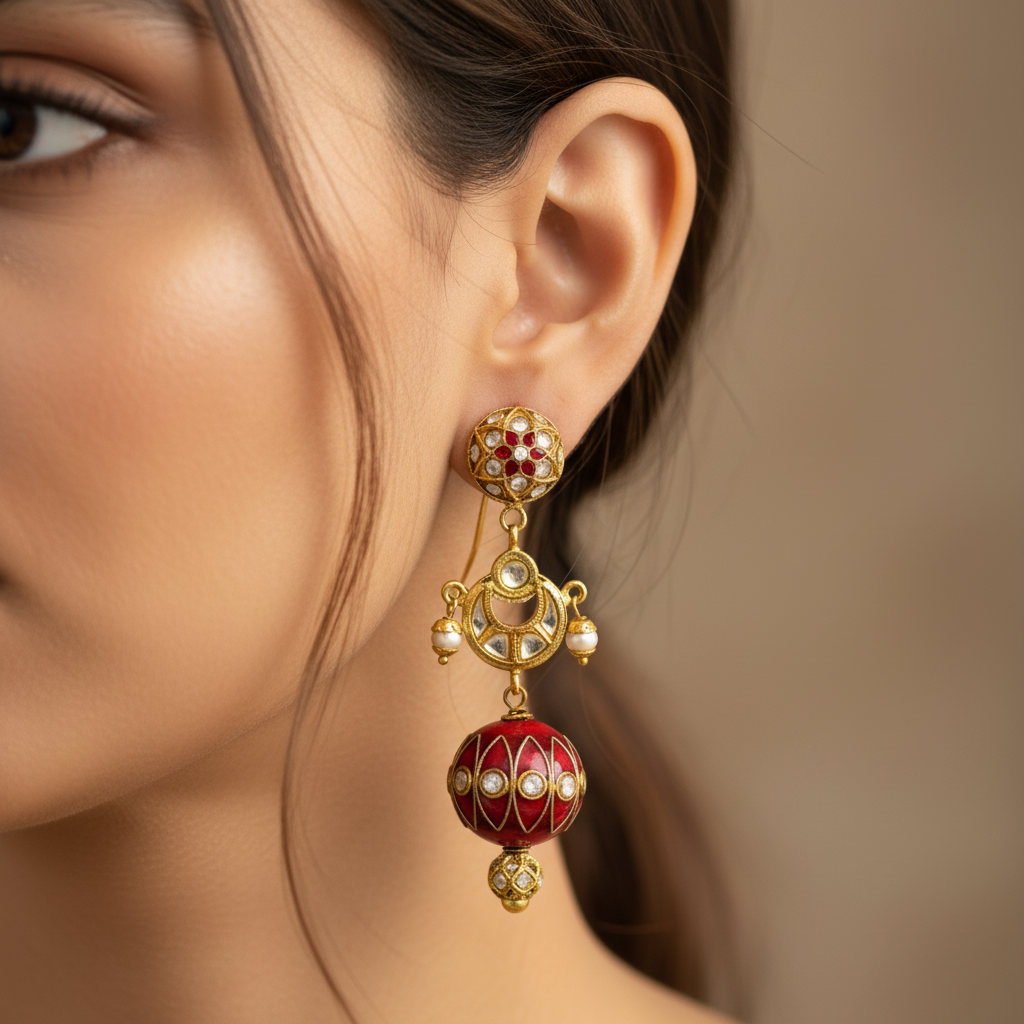 Red Enamel Jhumka Earrings