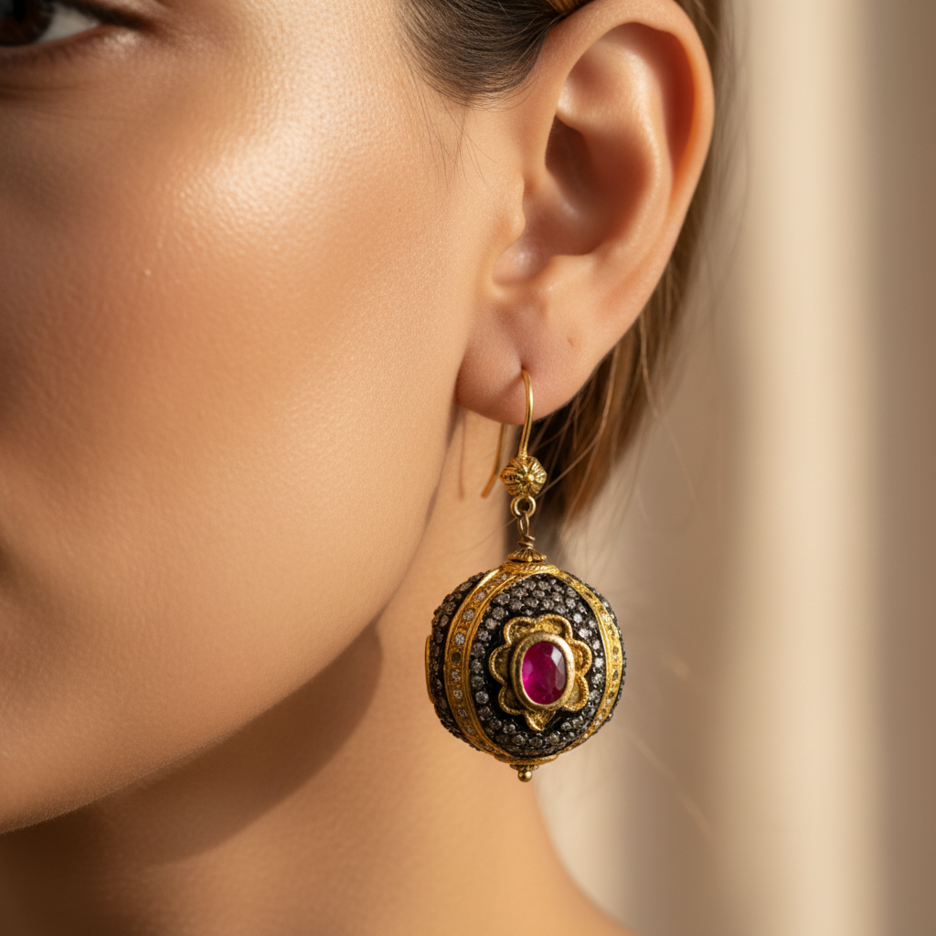 Elegant Ornate Ruby Drop Earrings