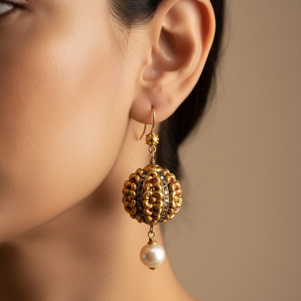 Ornate Golden Pearl Earrings
