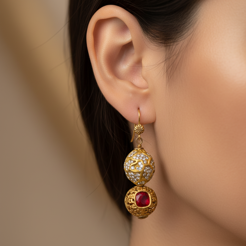 Elegant Ornate Gold Red Earrings
