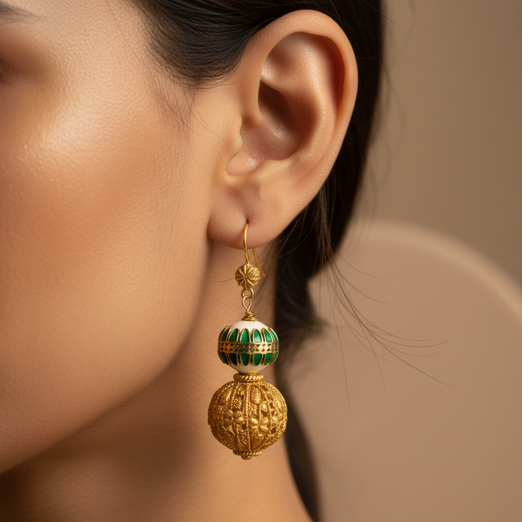 Gold Green Ornate Earrings