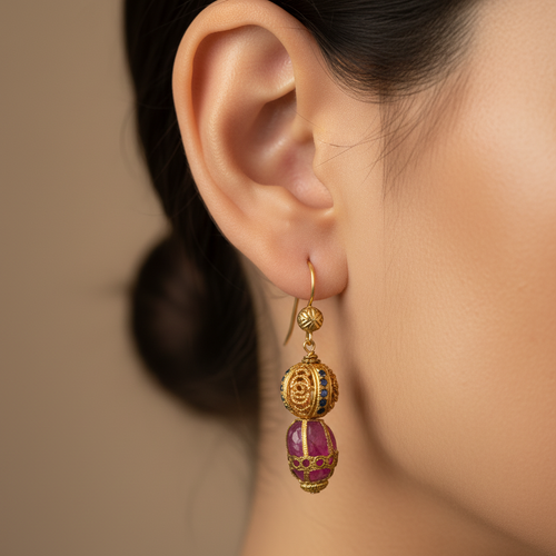 Antique-Finish Ruby Dangle Earrings