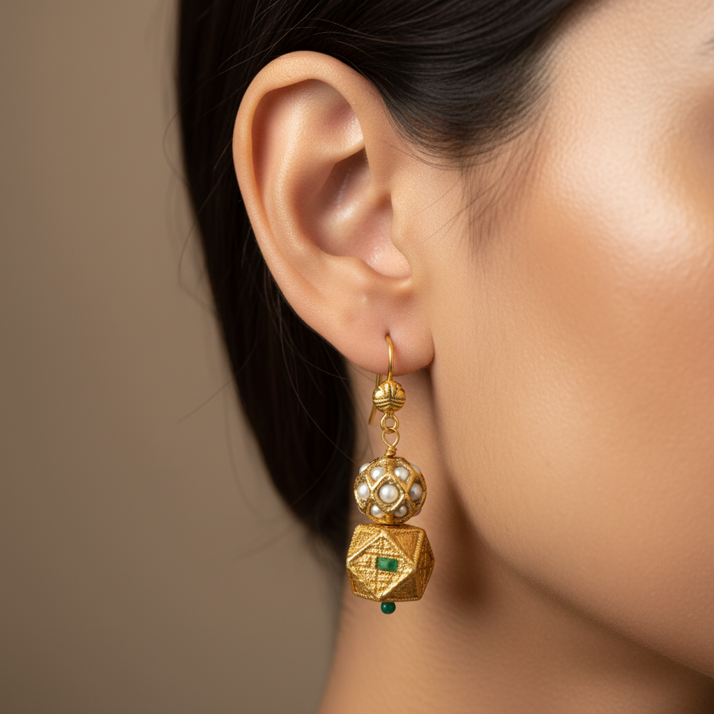 Gold Pearl Emerald Earrings