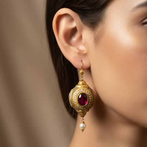 Antique Gold Ruby Pearl Earrings