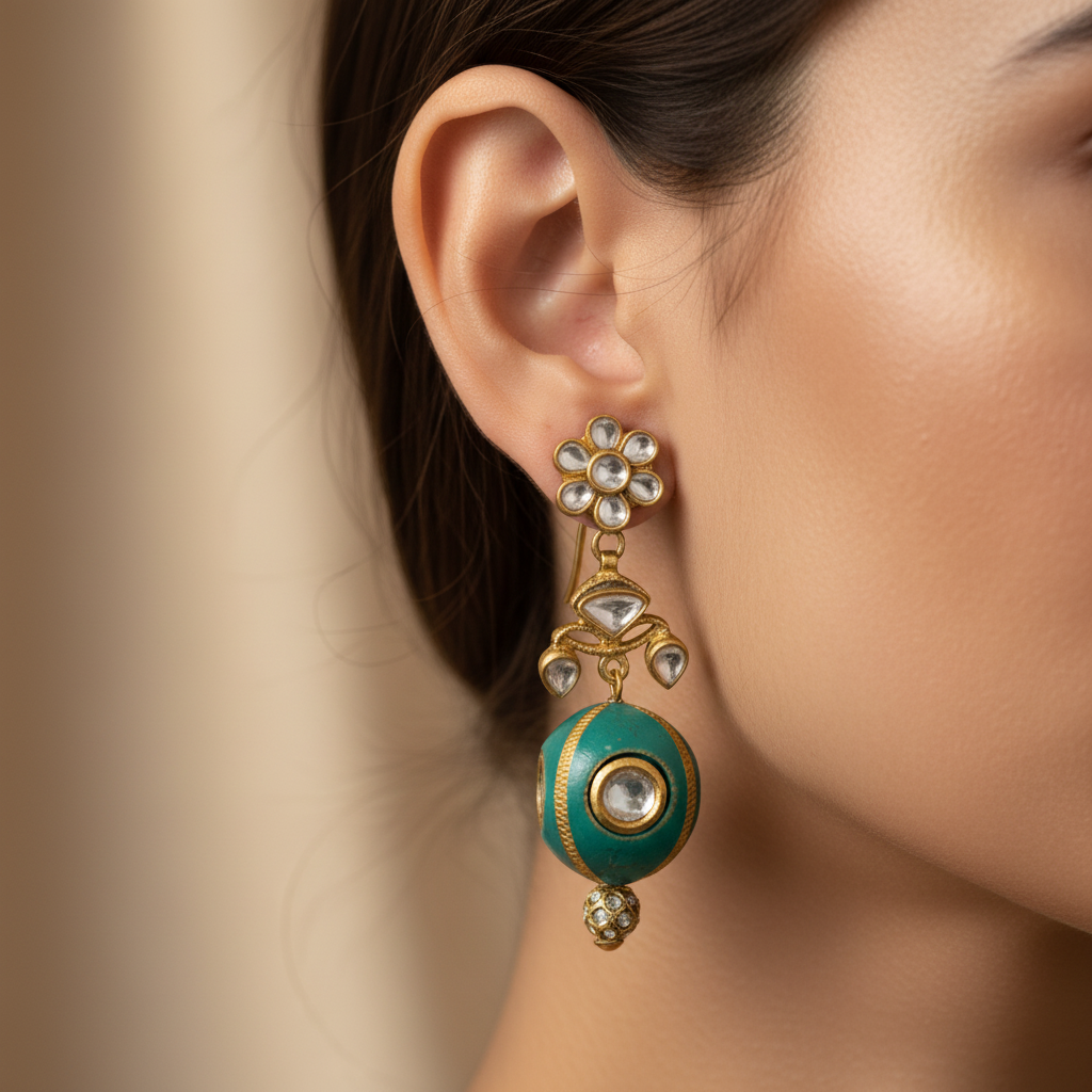 Teal Kundan Drop Earrings
