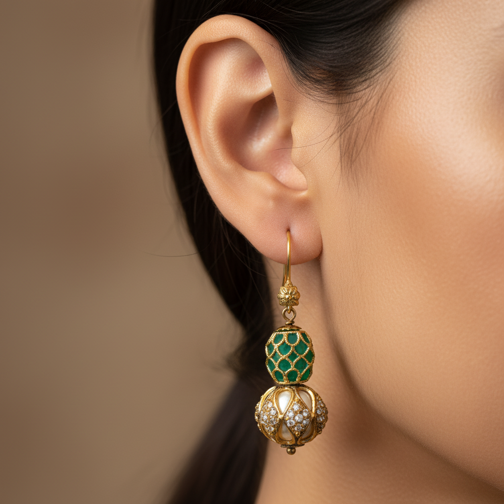Emerald Bead Gold Earrings