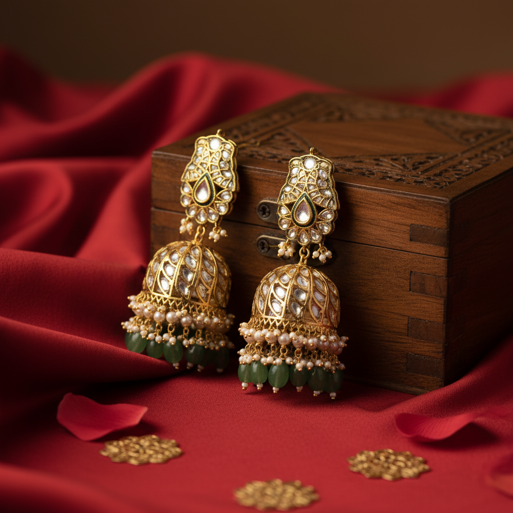 Polki Jhumka Emerald Earrings