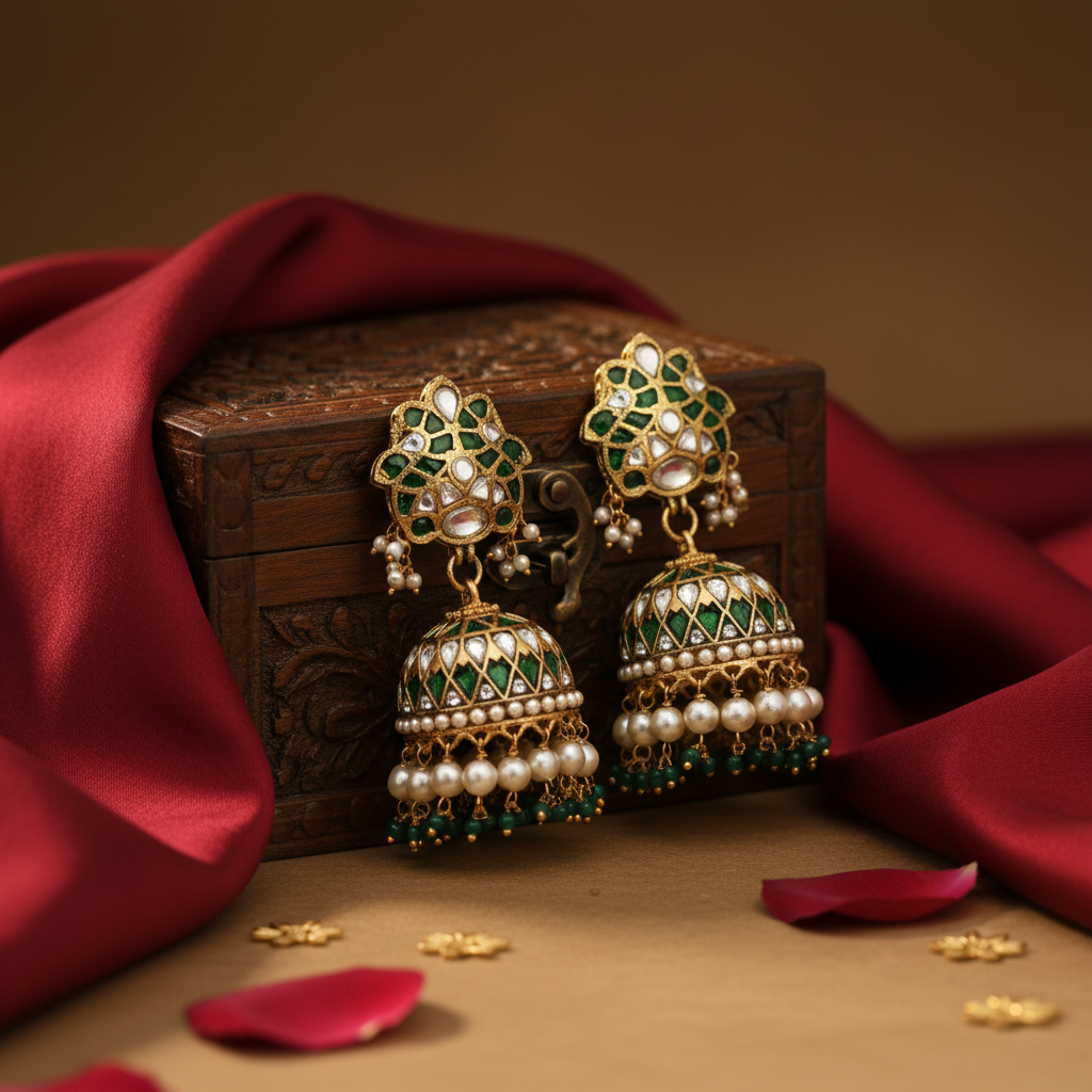 Green Polki Jhumka Earrings
