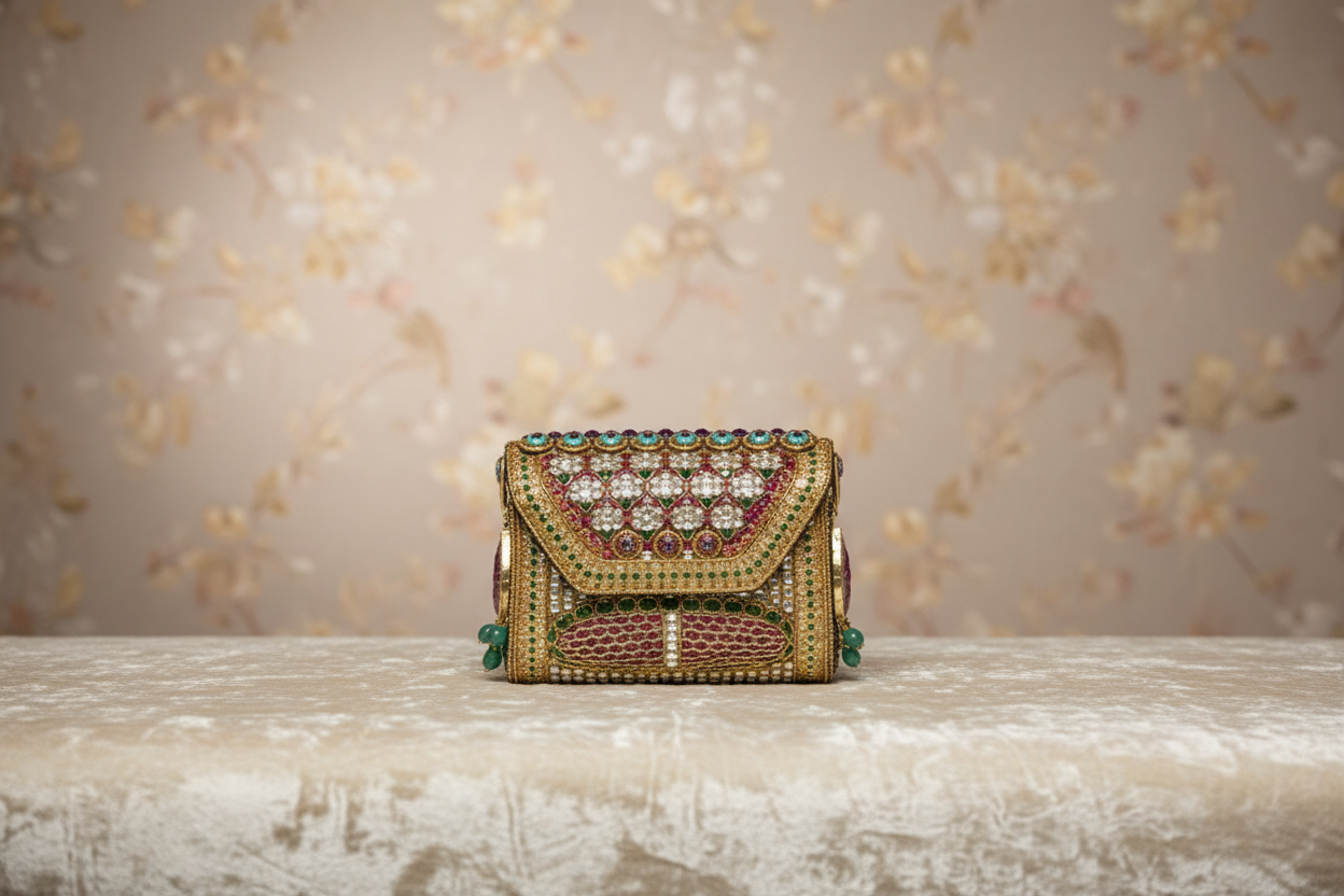 Embellished Kundan & Gemstone Clutch with Gold Chain