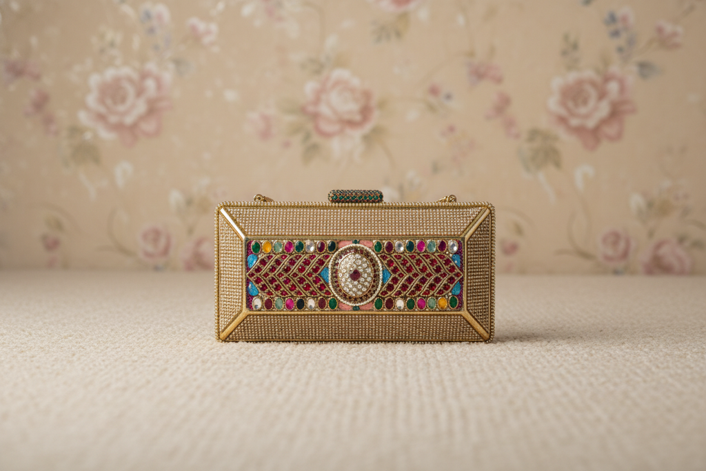 Jeweled Stone Gold Box Clutch Bag