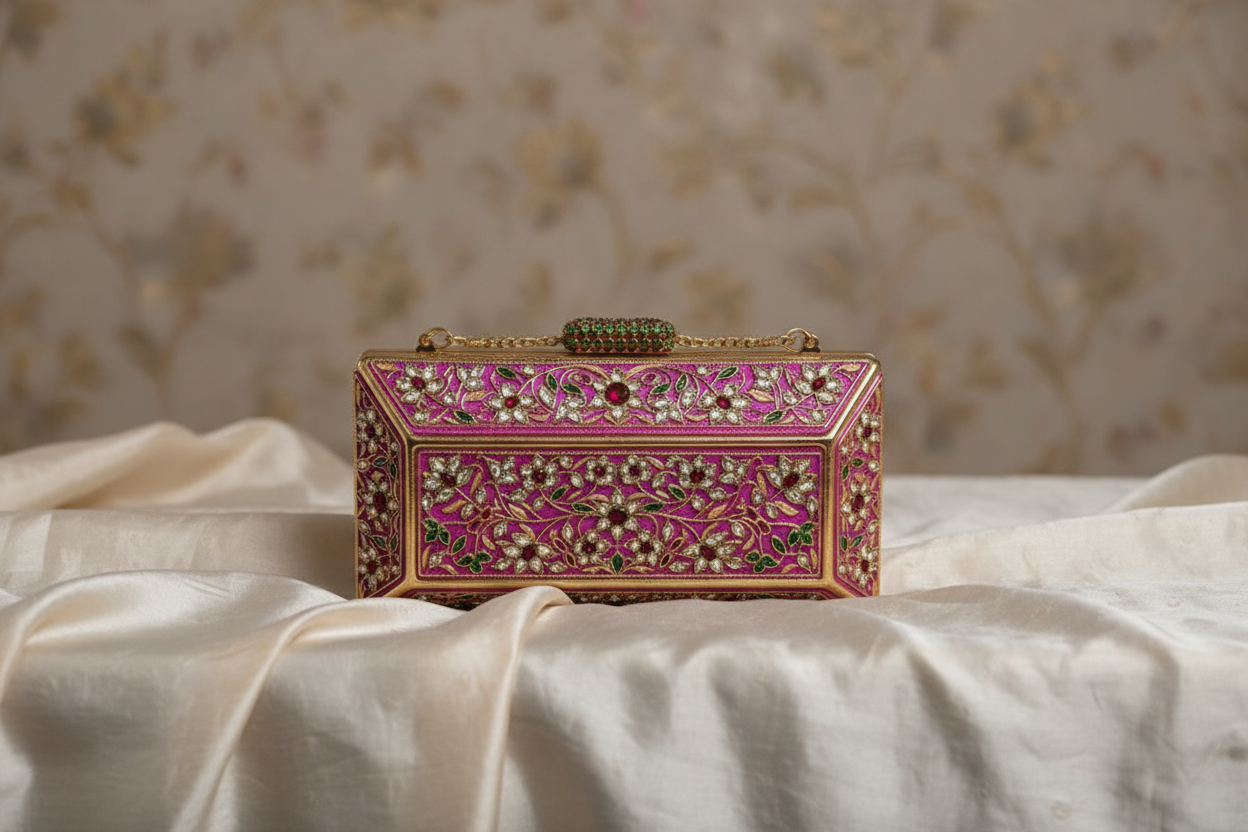 Magenta Embellished Stone Box Clutch