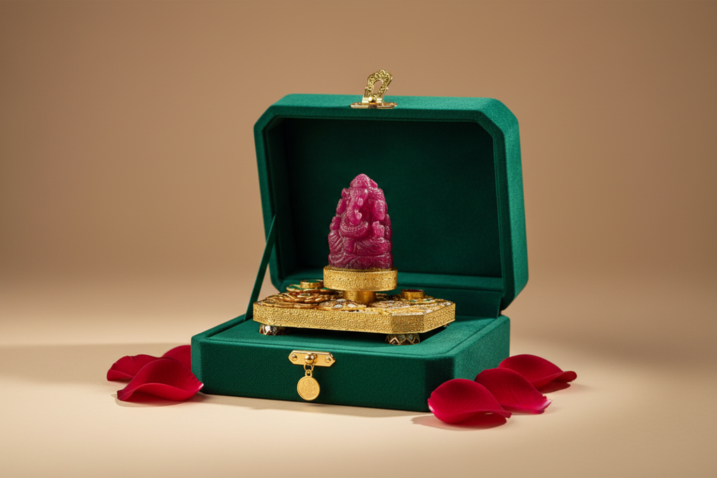 Ruby Ganesha Idol on Gold Plated Base