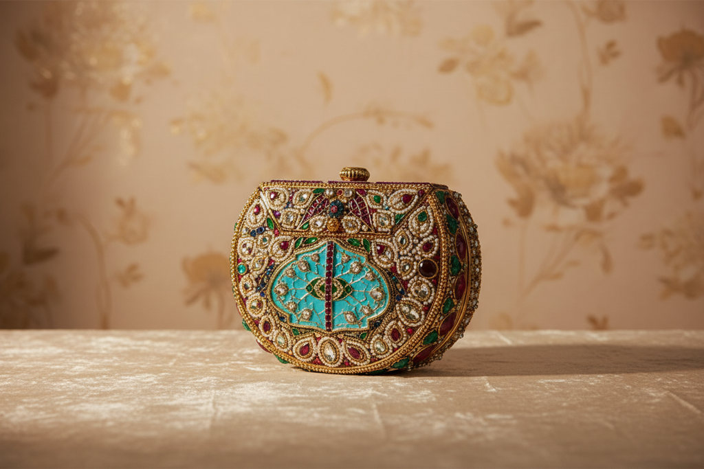 Embellished Kundan Stone Gold Clutch