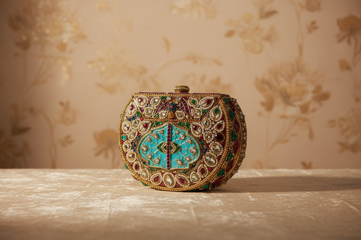 Embellished Kundan Stone Gold Clutch