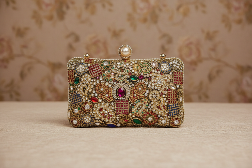 Embellished Gemstone & Kundan Clutch with Chain
