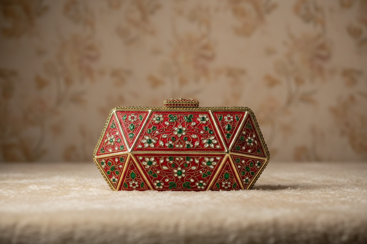 Red and Gold Jewel-Embellished Octagonal Clutch