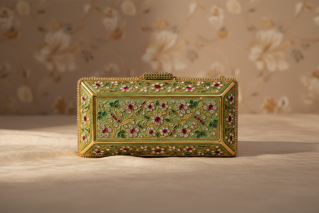 Gold Embellished Kundan & Ruby Stone Clutch