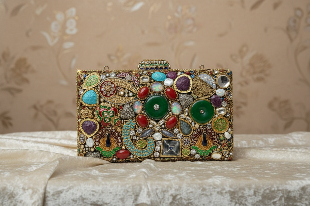 Multi-Color Ornate Gemstone Clutch Bag