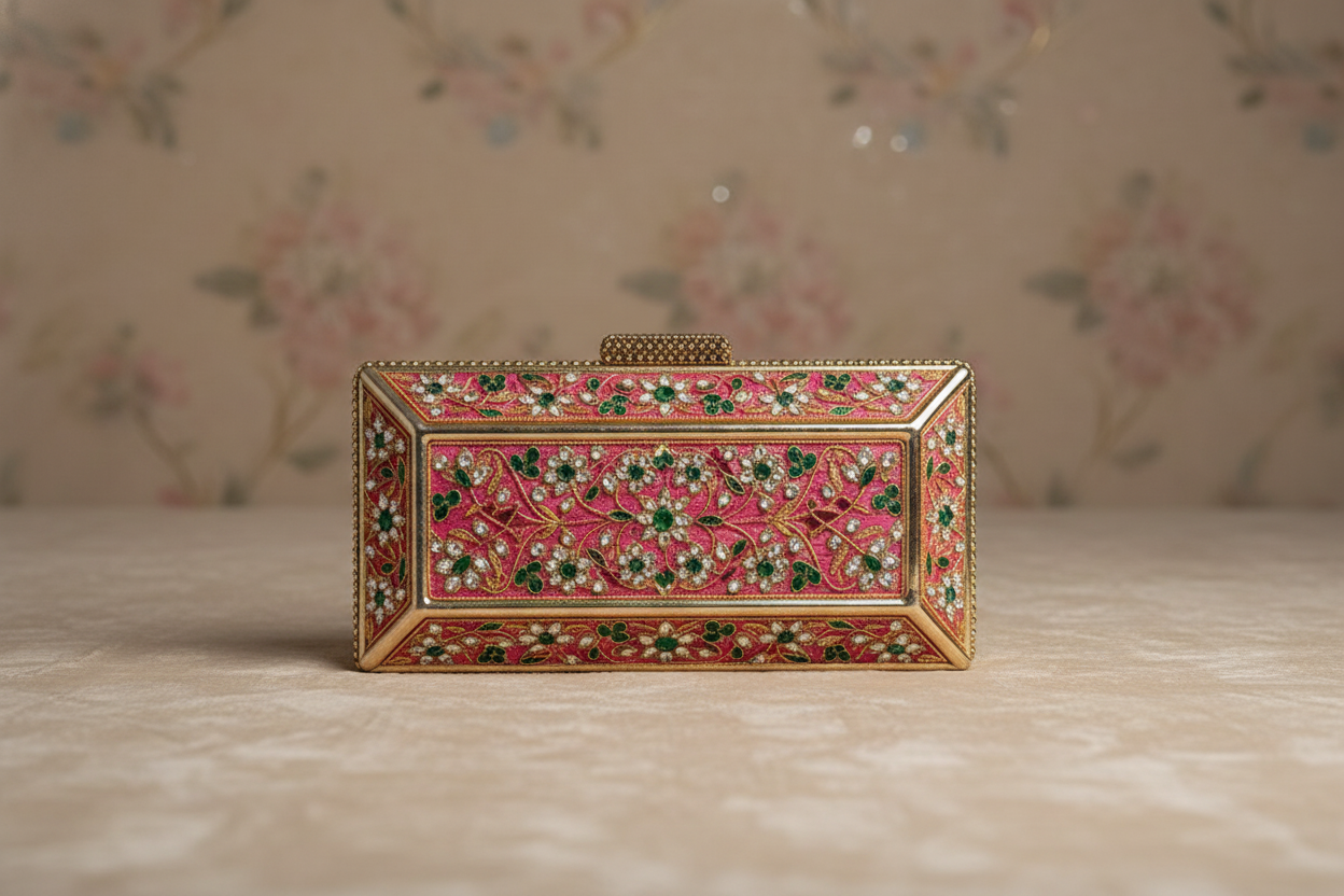 Pink Floral Embellished Box Clutch
