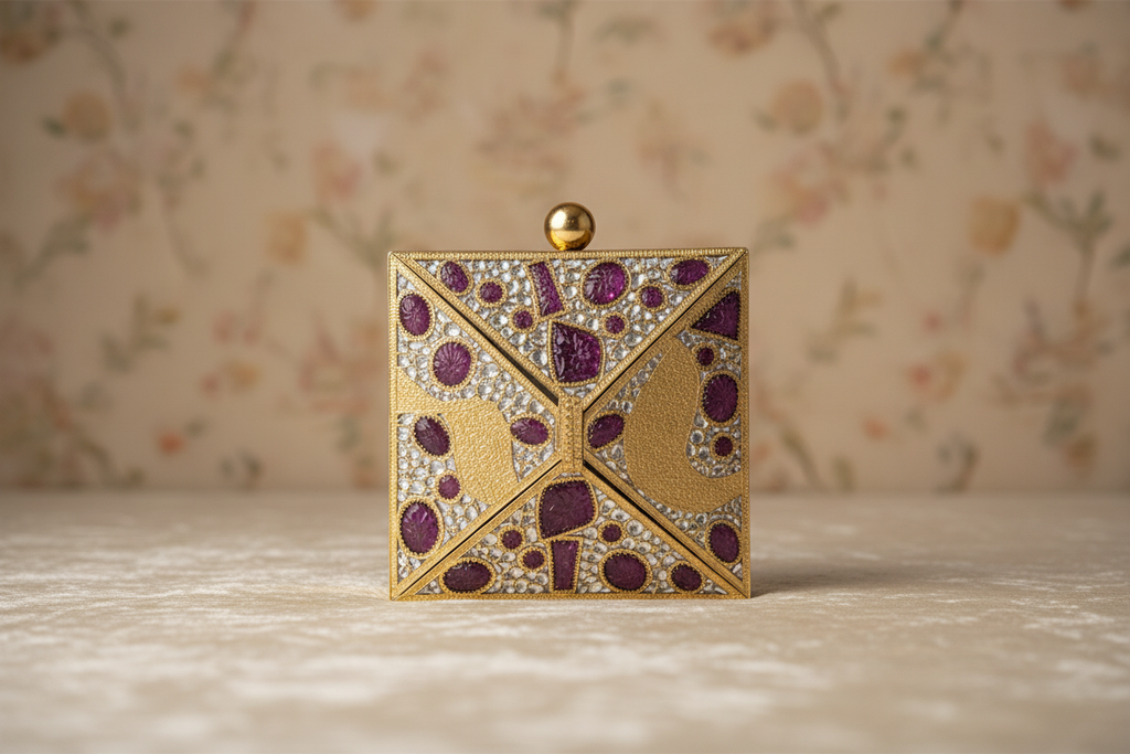 Embellished Metal Clutch with Chain Strap
