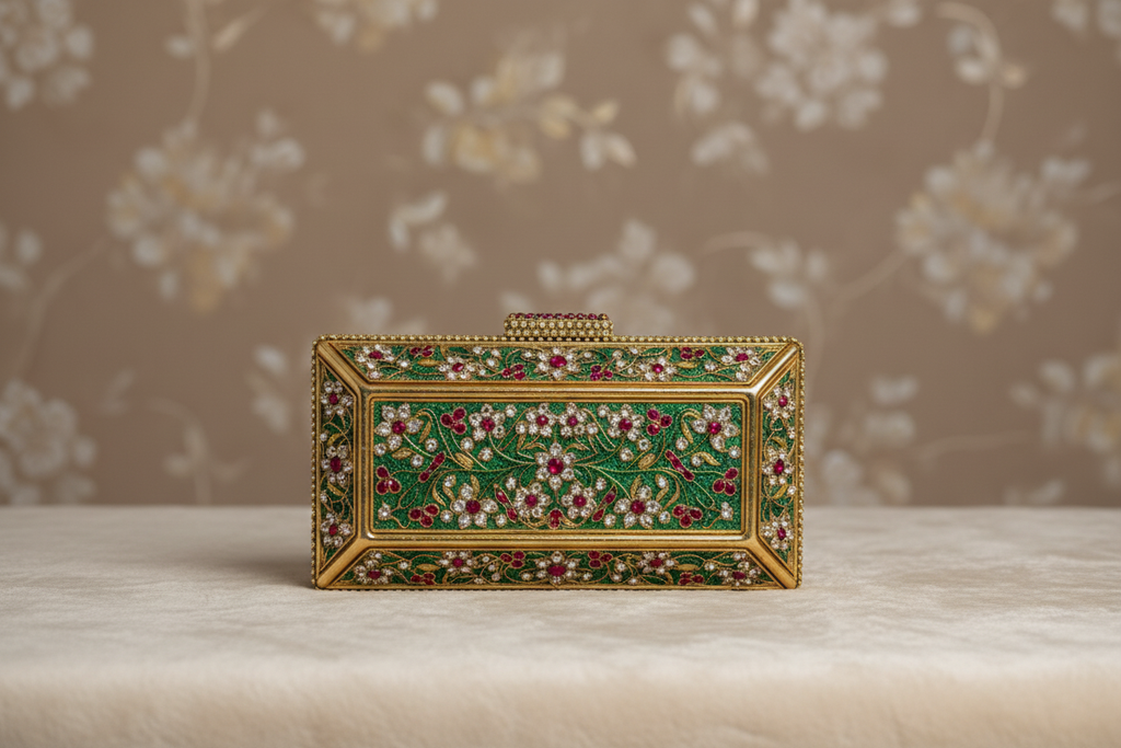 Ornate Jeweled Emerald Green & Gold Clutch