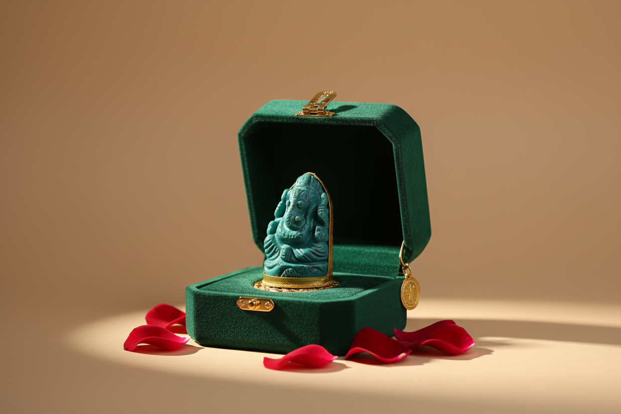 Turquoise Carved Ganesha Idol with Gold Embellished Base